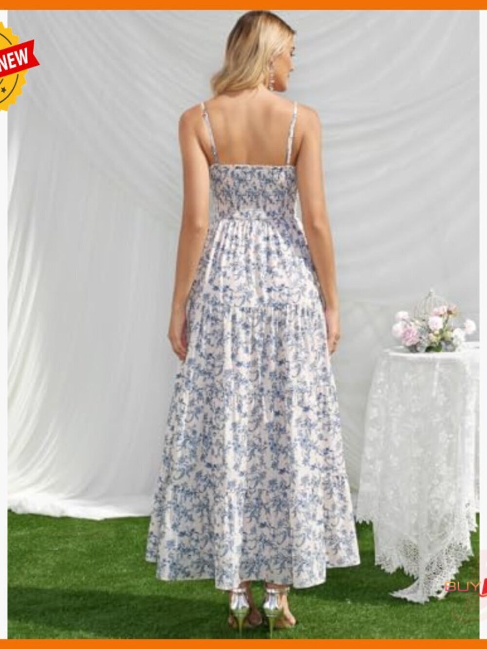 Spaghetti Strap Maxi Dress with Pockets, A-Line, Smocked, Wedding Guest - Picture 2 of 7